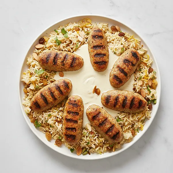 Spiced Chicken Kofta Medley With Creamy Tahini And Citrus Pilaf